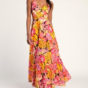 Lulu's Cabo Is Calling My Name Orange Floral Print Surplice Maxi Dress